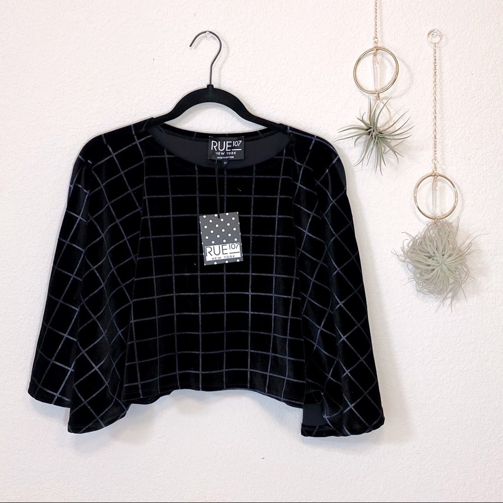 Rue 107 Black and Blue Velvet Windowpane Top NWT
